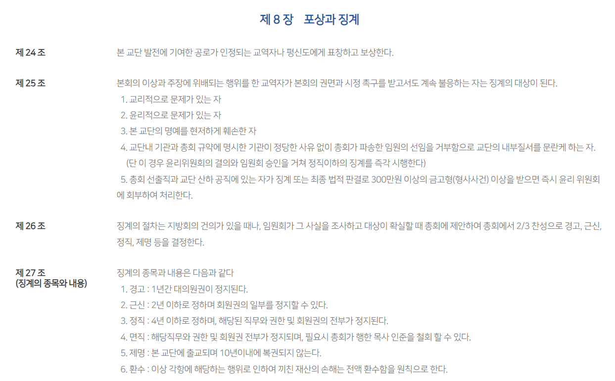 총회 규약 제27조에서 대의원권 정지와 관련한 규정(일부). 선명한 내용은 홈페이지에 접속하여 볼 